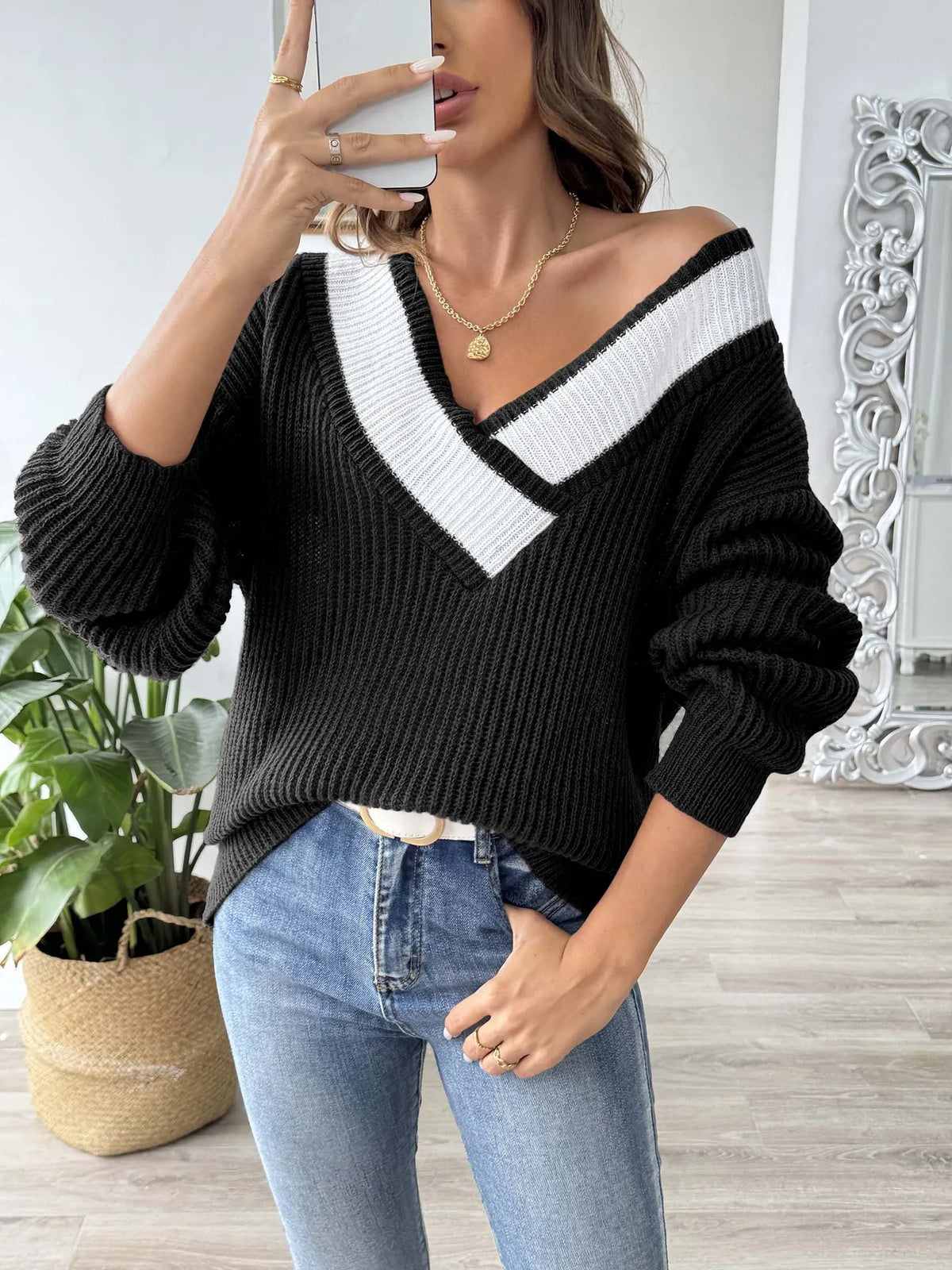Frauen Invierno Pull Automne Femme Modische V-ausschnitt Lange ärmeln Lose Einfarbig Spleißen Pullover Pullover Herbst Modus Damen