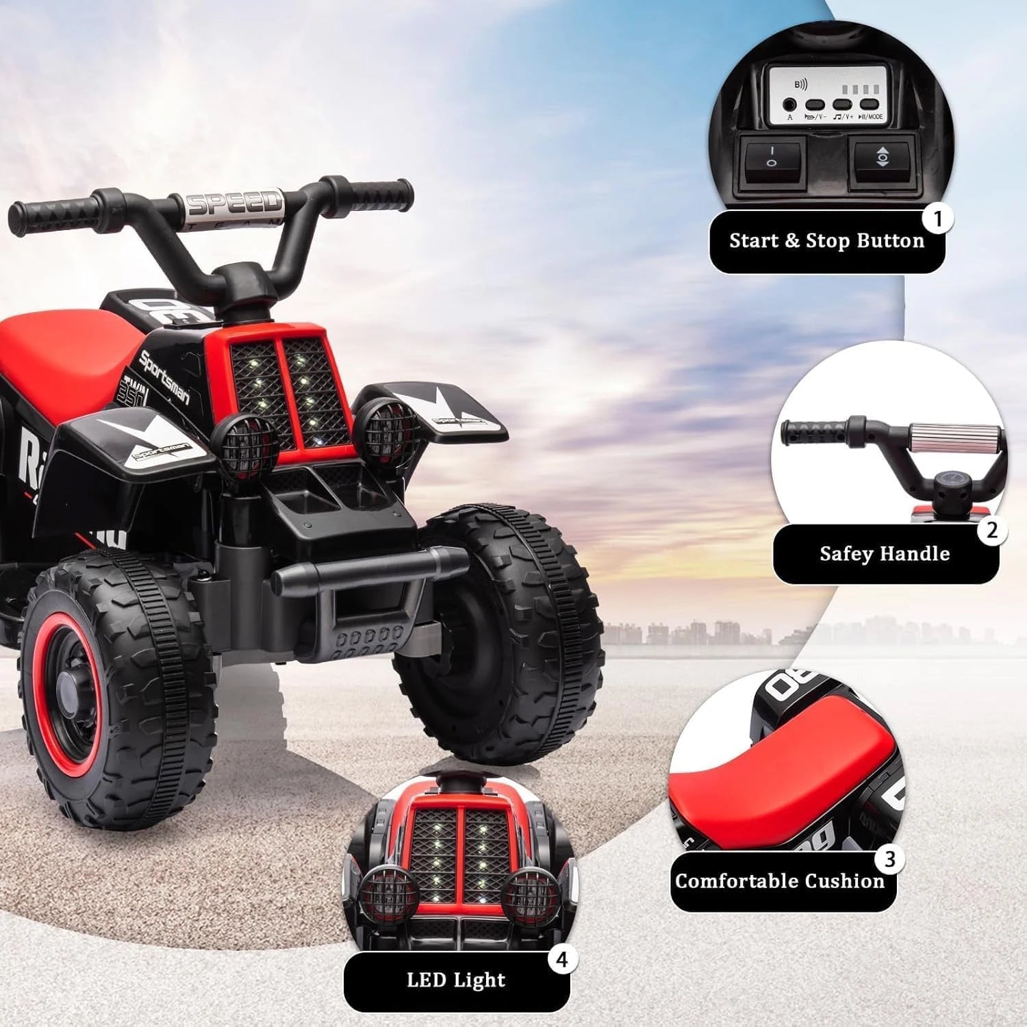 Elektrisches Quad für Kinder, 6-V-Aufsitzwagen mit LED-Leuchten und Musik, Hupe, Ein-Knopf-Start, 1,8 km/h, Mini-ATV ab 3 Jahren