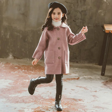 Winter Kinder Tweed Mäntel Herbst Mädchen Warme England Stil Mid-Länge Jacken Teen Mode Oberbekleidung Kind 5-12 Jahre alt
