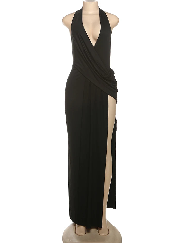 Sisterlinda Sexy High Splits Langes Kleid Frauen Halter Tiefem V-ausschnitt Backless Ärmellose Sommer Pool Party Geraffte Elegante Vestidos
