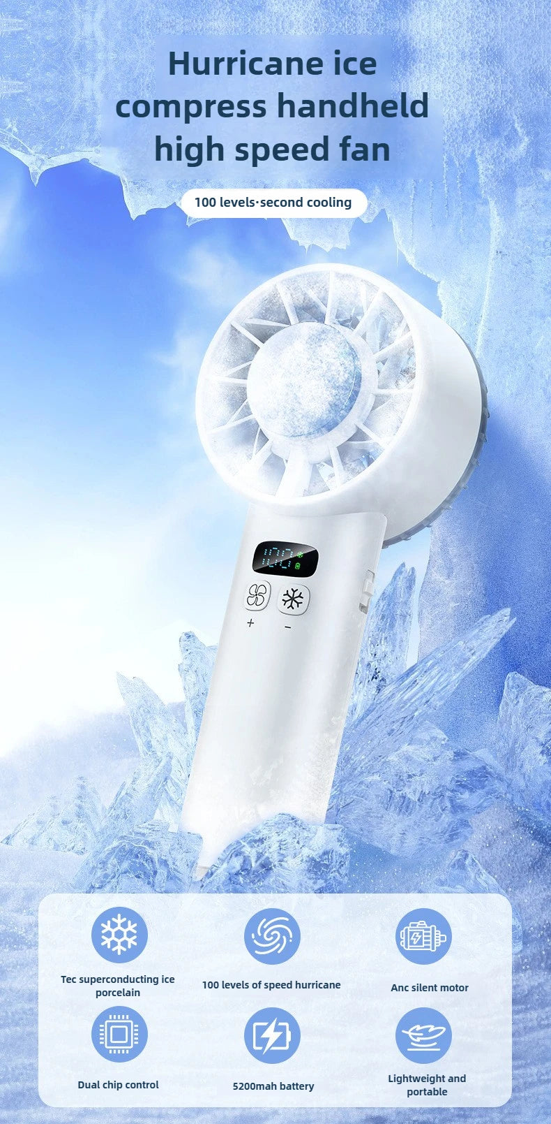 Eiskompressen-Hochgeschwindigkeits-Kühlventilator, tragbare USB-Akku-Ventilatoren, faltbarer Mini-Ventilator für Reisen, Camping, Outdoor