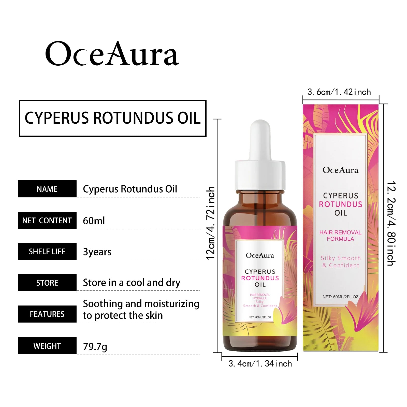 OceAura Cyperus Rotundusöl zur Haarentfernung, weiche, glatte Hautpflege, tiefe Feuchtigkeit, Anti-Haarwachstumshemmung, After-Shave-Öl