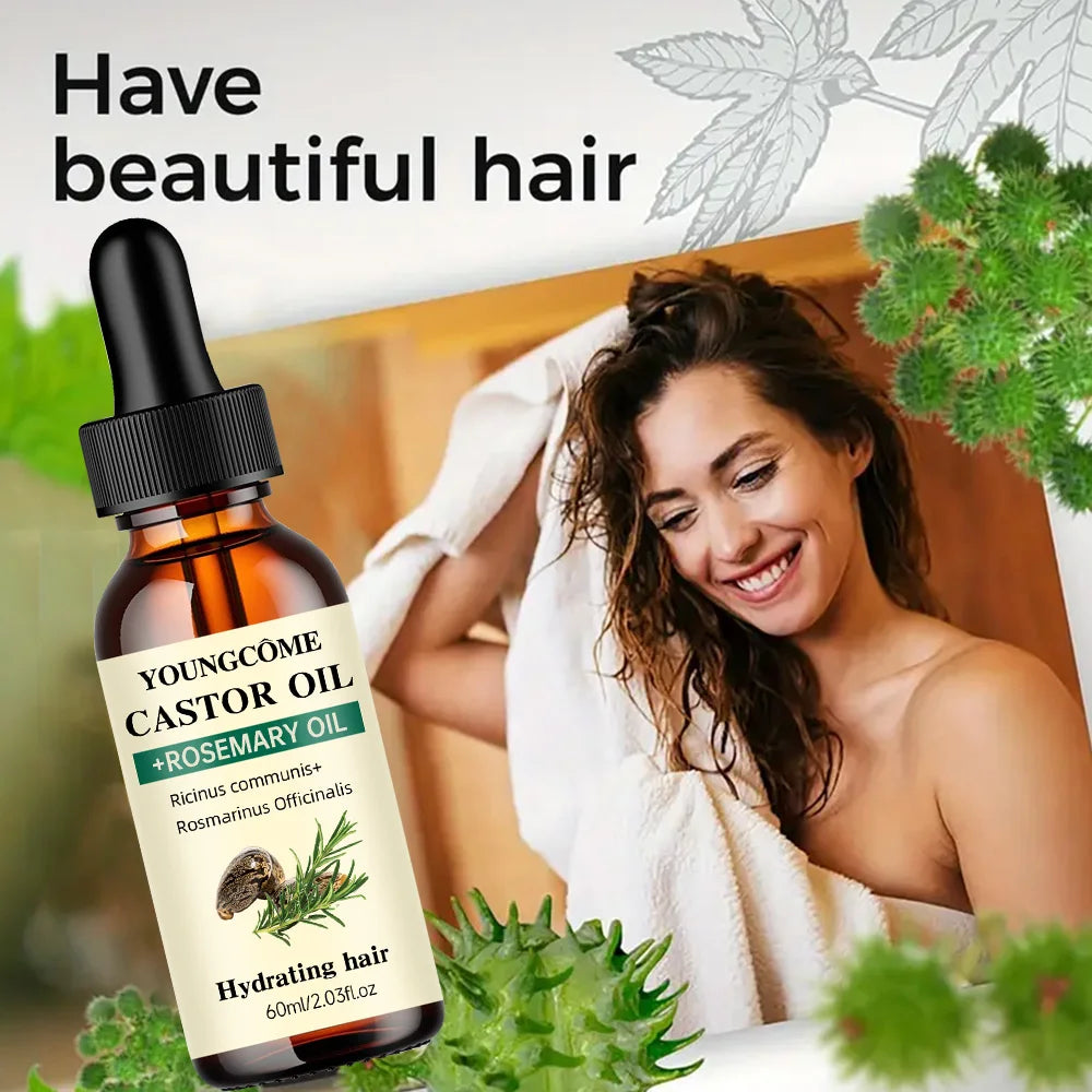 Mischen Sie Rizinusöl und Rosmarinöl für das Haarwachstum. Verbessert die Haarstärke und den Glanz, reduziert Haarausfall und splissige Haarpflegeöl