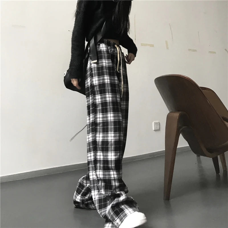 Oversize Frauen Jogginghose Mode Schwarz Plaid Casual Hosen Baggy Elastische Taille Taschen Student Unisex Hip Hop Lose Hosen