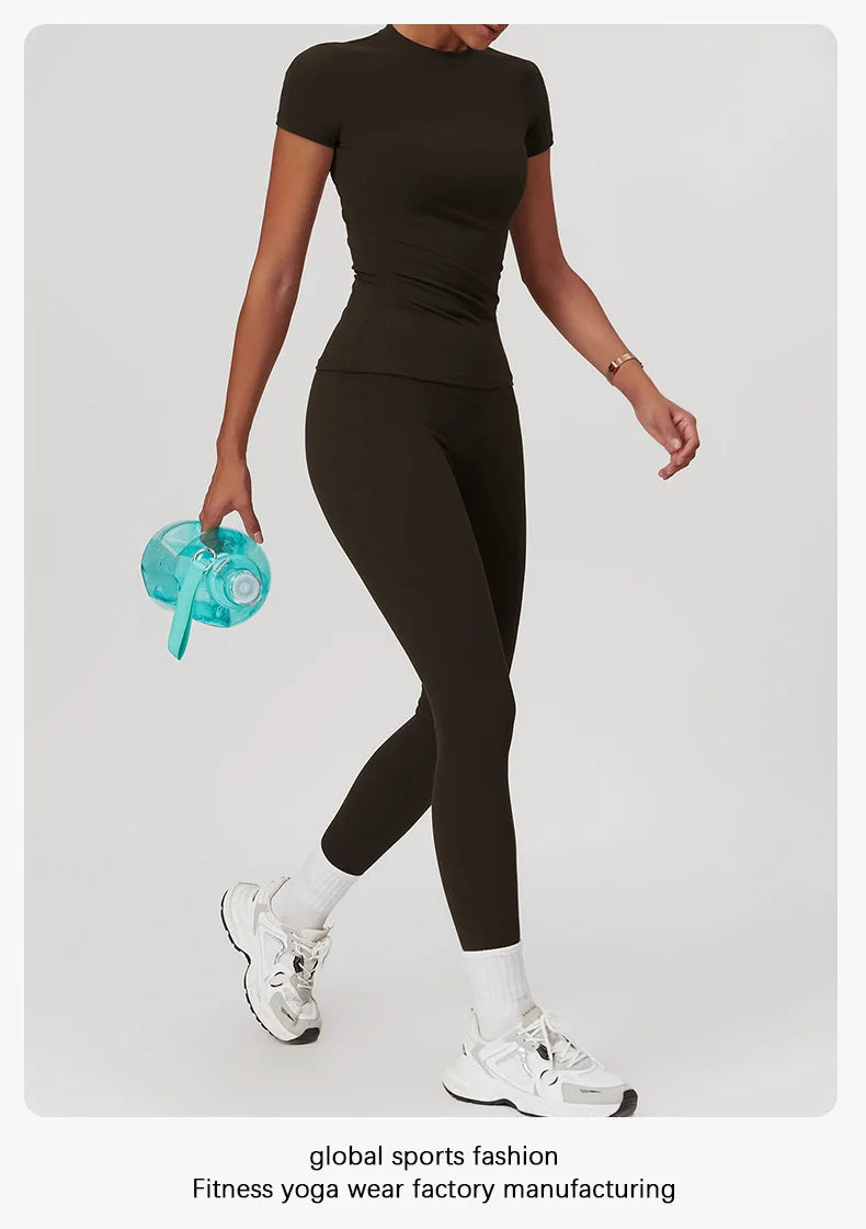 Damen-Sport-T-Shirt, Sommer, kurzärmelig, Laufen, Rundhalsausschnitt, atmungsaktiv, dehnbar, Fitnessstudio, Yoga, schlank, Fitness, aktives Top-T-Shirt