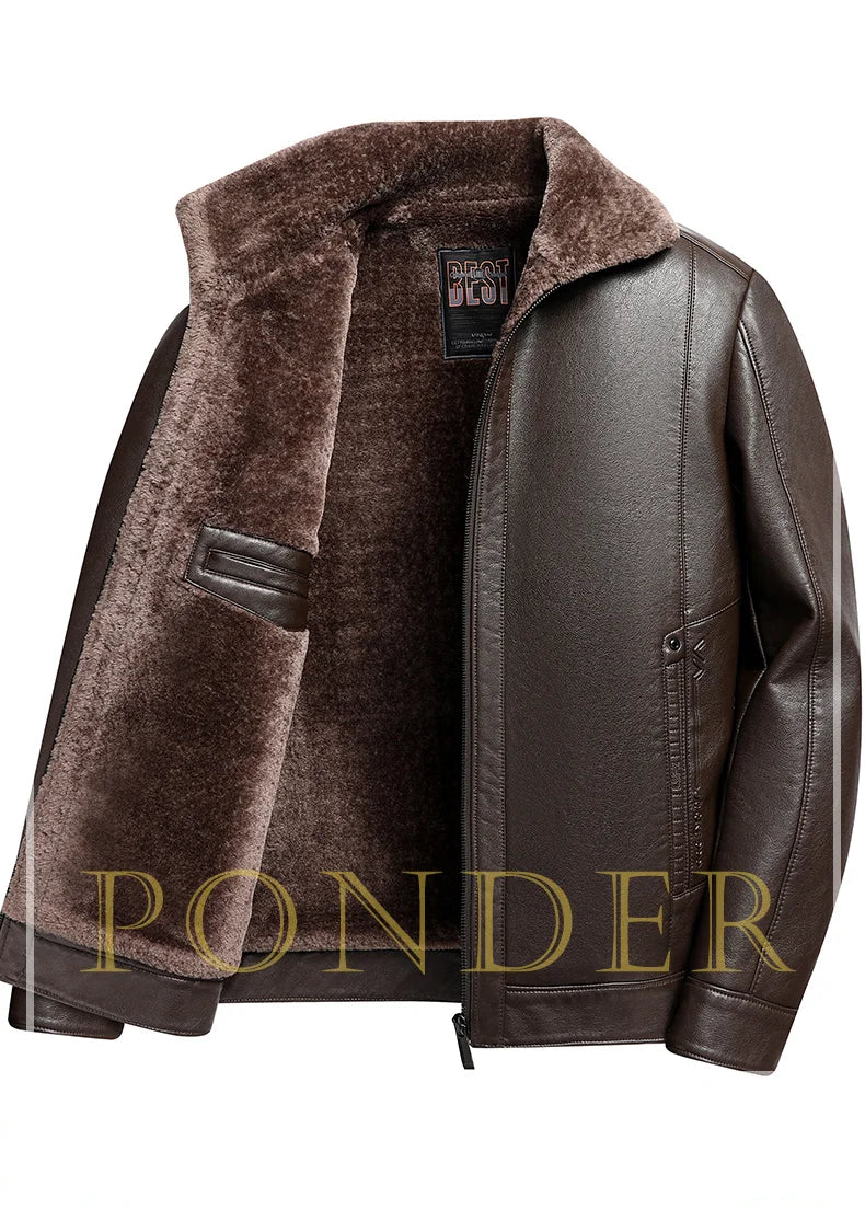Fügen Sie Fleece und verdickende Winter-Papa-Lederjacke für Opa mittleren Alters mit Pelzkragen, Mantel für Herren mittleren Alters für Wärme hinzu