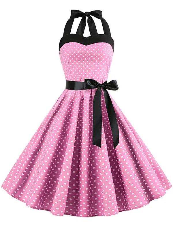 Frauen Polka Dot Print Sommer Kleid Sexy Retro Weiß Halter Vintage Kleid Robe Femme Pin Up Rockabilly Party Kleid