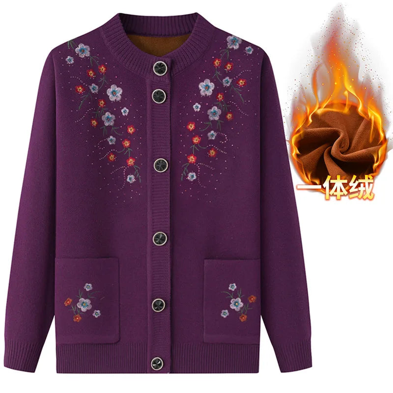 Frühling Herbst Top Frauen Ältere Mutter der Bestickt Gestrickte Pullover Oma Winter Plus Samt Dicke Strickjacke Mantel XL-4XL