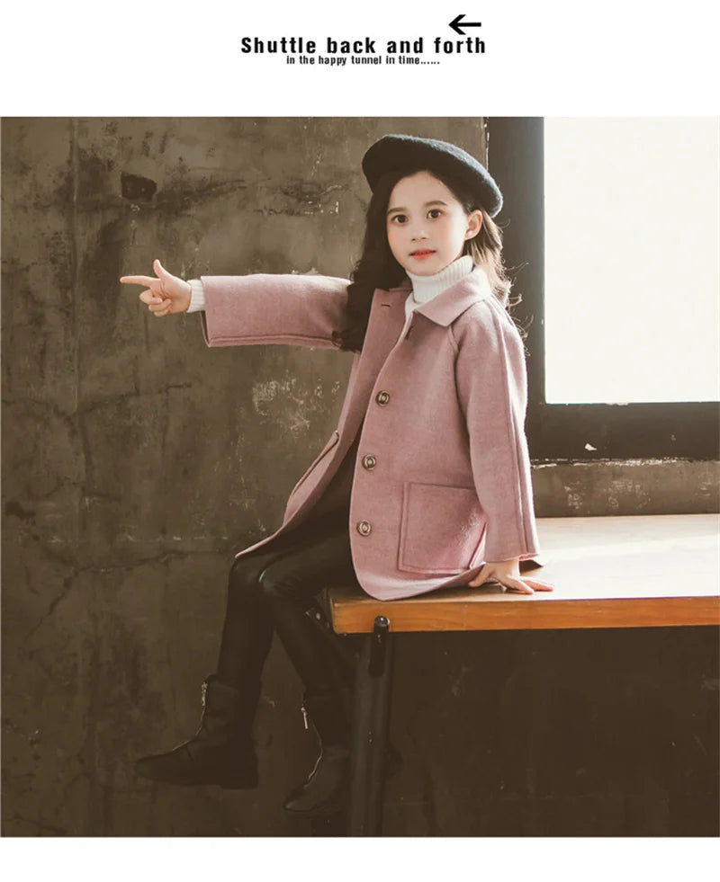 Mädchen Wolle warme Mäntel Kinder Herbst Winter lässige Oberbekleidung Kinder feste Farbe Mode Jacke Teen Turndown Kragen Kleidung