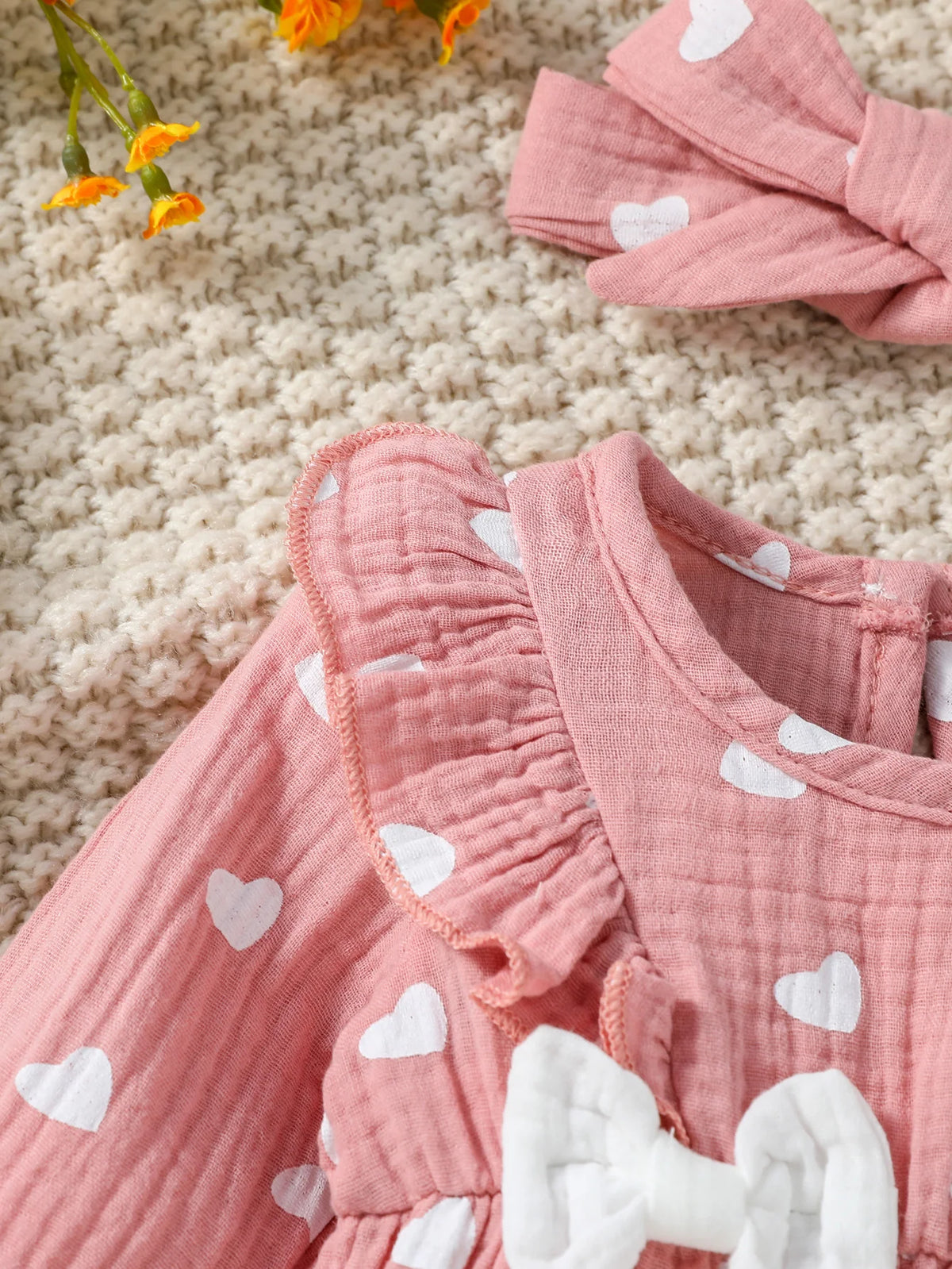 Baby-Mädchen-Overall für alle Jahreszeiten, langärmelig, mit Blumenmuster und Schleife, täglicher Overall für Neugeborene, 6 Monate Kleidung + Stirnband
