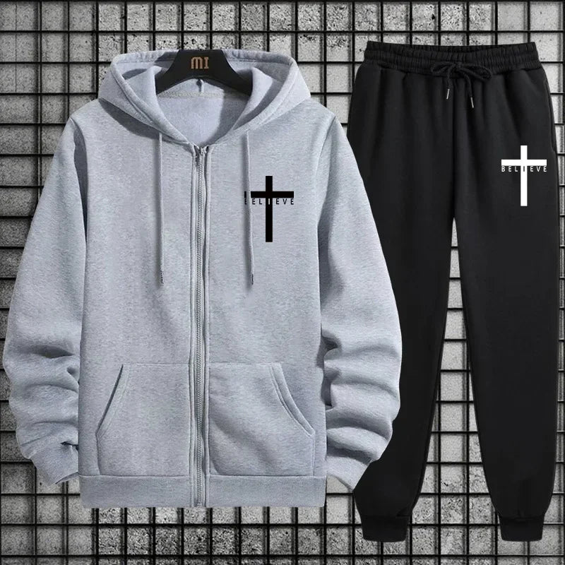 CrosofChrist Herren Hip-Hop Trainingsanzug 2025 N 2-teiliges Outfit Reißverschluss-Hoodie Jogger Urban Streetwear Herbst Winter Mode