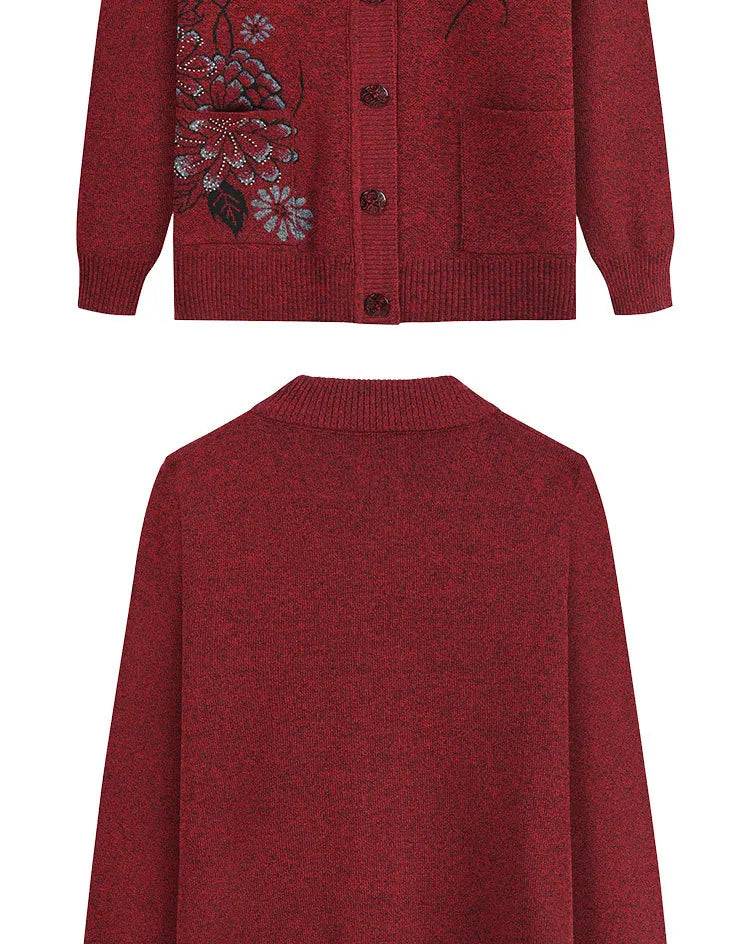 Neue Druck Mittleren Alters Mutter der Frühling Herbst Langarm Pullover Frauen Gestrickte Bodenbildung Shirt Wolle Winter Oma Strickjacke