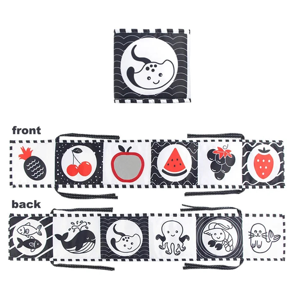Baby Stoffbuch Hochkontrast-Babyspielzeug 0M+ Neugeborenen-Krippenspielzeug Schwarz-Weiß Tier-Sensorik-Stoffbücher Montessori-Spielzeug