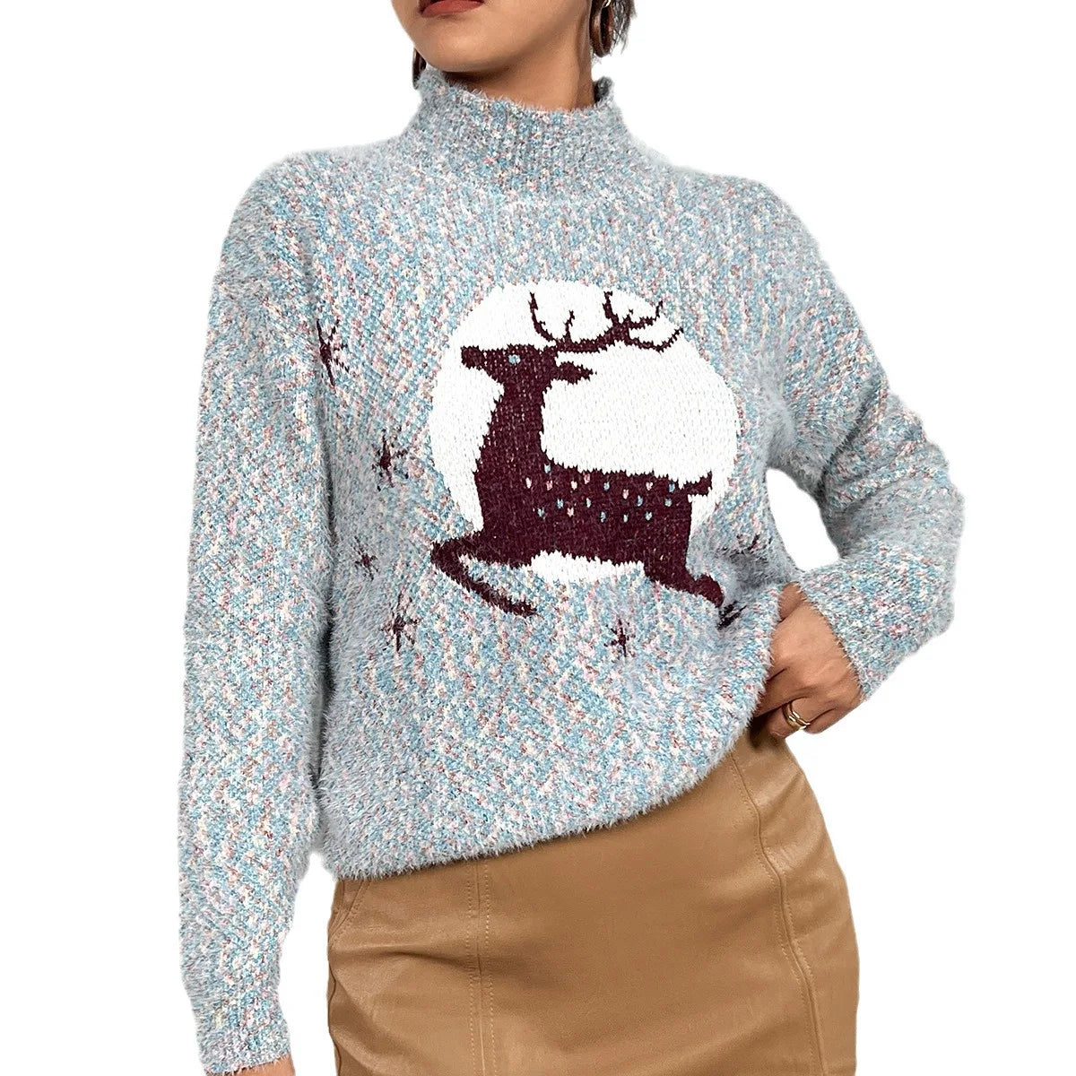 Vintage Herbstmode Damen Mittelhochgeschlossener Pullover mit Elch-Weihnachtsmotiv, Langarm-Sweater, Herbstkleidung für Frauen