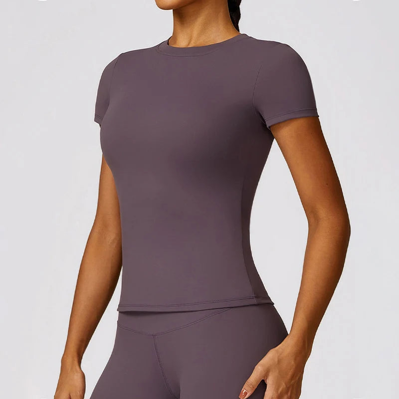 Damen-Sport-T-Shirt, Sommer, kurzärmelig, Laufen, Rundhalsausschnitt, atmungsaktiv, dehnbar, Fitnessstudio, Yoga, schlank, Fitness, aktives Top-T-Shirt