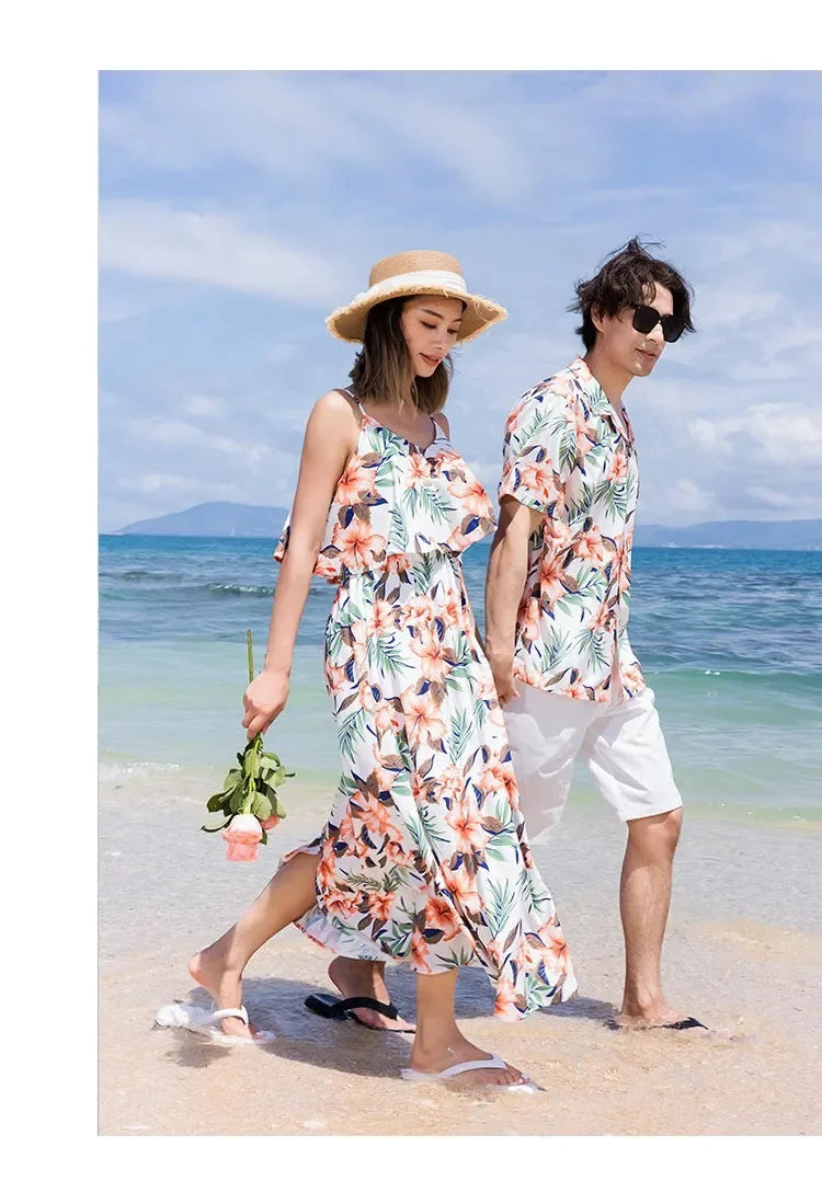 Family Look Vacation Beachwear Mother Daughter Sleeveless Dress Dad Son Matching Floral Shirt Set Parent-Child Holiday Outfits