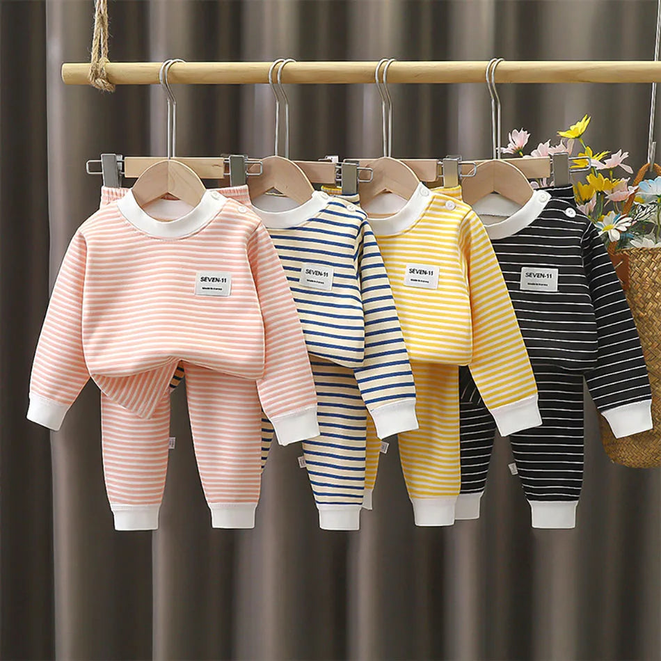 Warmes Baby-Kleidungsset mit Fleece-Futter für Kinder, Jungen und Mädchen, gestreifte Unterwäsche, Nachtwäsche-Set, ideal für Zuhause, Pyjamas, Herbst und Winter