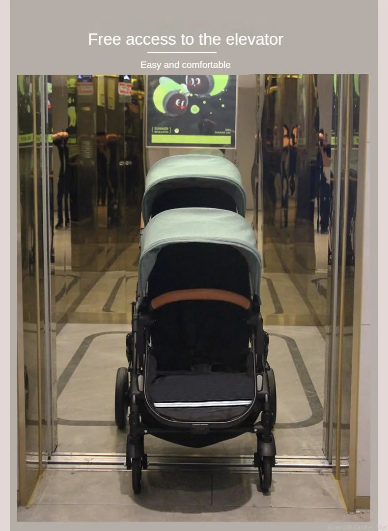 3-in-1-Zwillings-Kinderwagen mit Autositz für zwei Kinder, faltbar, stoßdämpfender Kinderwagen mit hoher Landschaft