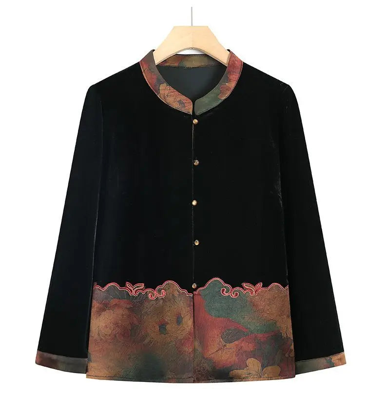 Samtjacke für ältere Frauen, Frühling/Herbst, Blumenmuster, Stehkragen, lange Ärmel, locker geschnittener Mantel für alte Großmütter