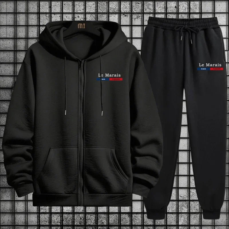 Herbst Winter Sportlicher Stil Paris Le Marais Print Herren Trainingsanzug Set 2-teilig Hoodie mit Jogginghose Urban Streetwear Outfit