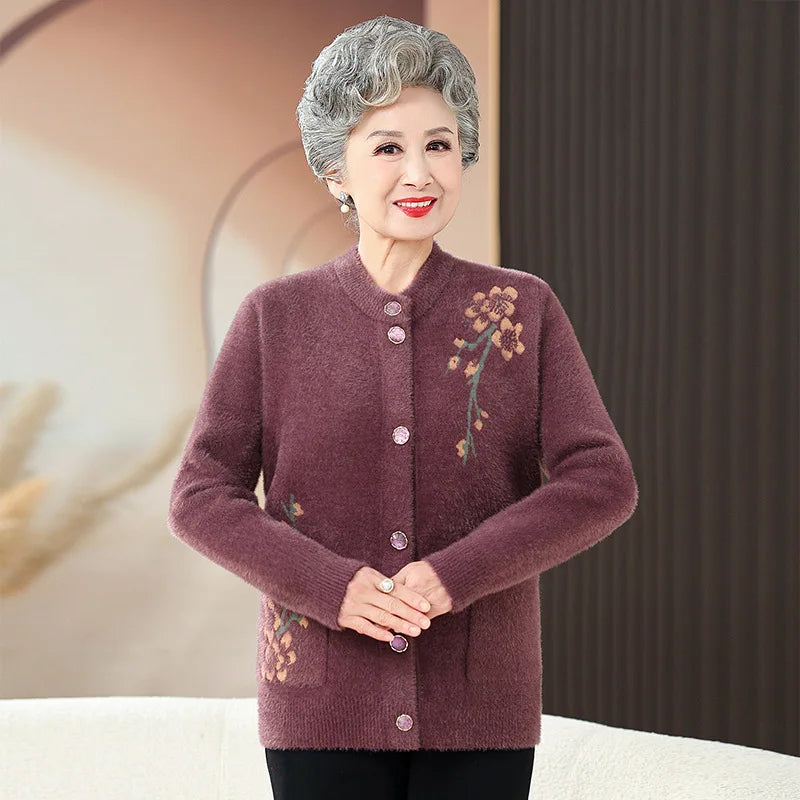 Oma Dicke Warme Nerz Samt Pullover Top Winter Mittleren Alters Mutter Draußen Tragen Strickjacke Jacke Vintage Frauen Gestrickte Mantel
