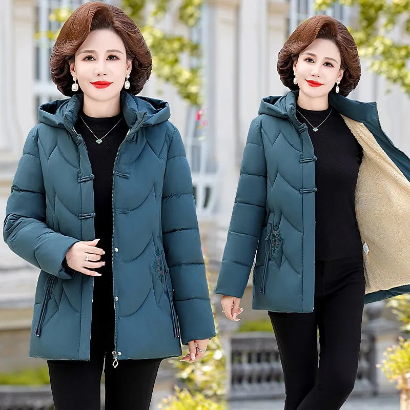 Frauen Winter Puffer Baumwolle Gefütterte Jacke Oma Mit Kapuze Fleece Dicke Parkas Warme Lose Retro Stickerei Schnee Mantel Lose Weibliche