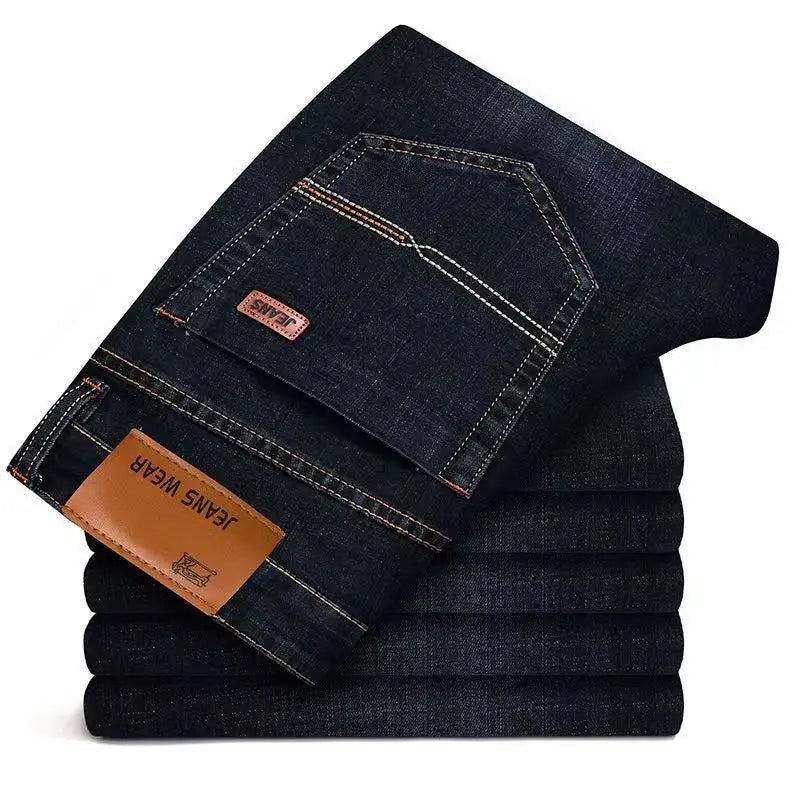 Men's Jeans, Casual Straight Leg Work Jeans, Elastic, Fashionable, Classic, Blue and Black, Men's Branded Clothing