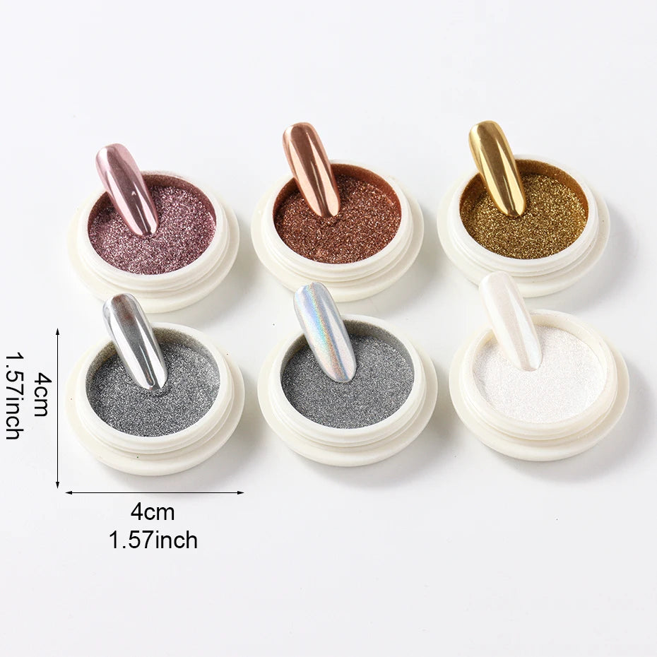 6 Stück Chrom-Spiegel Weißes Nagelpulver Pigment Gold Silber Reibpulver Holographisches Aurora Schillerndes Metallisches Nagelkunst-Dekorationspulver