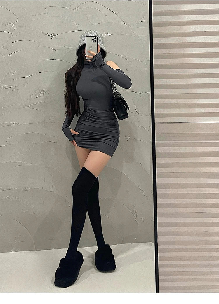 Sommer Sexy High Neck Enges Kleid Oversleeve Plissee Unten Eingewickelt Hüfte Kleid Frauen Bodycon