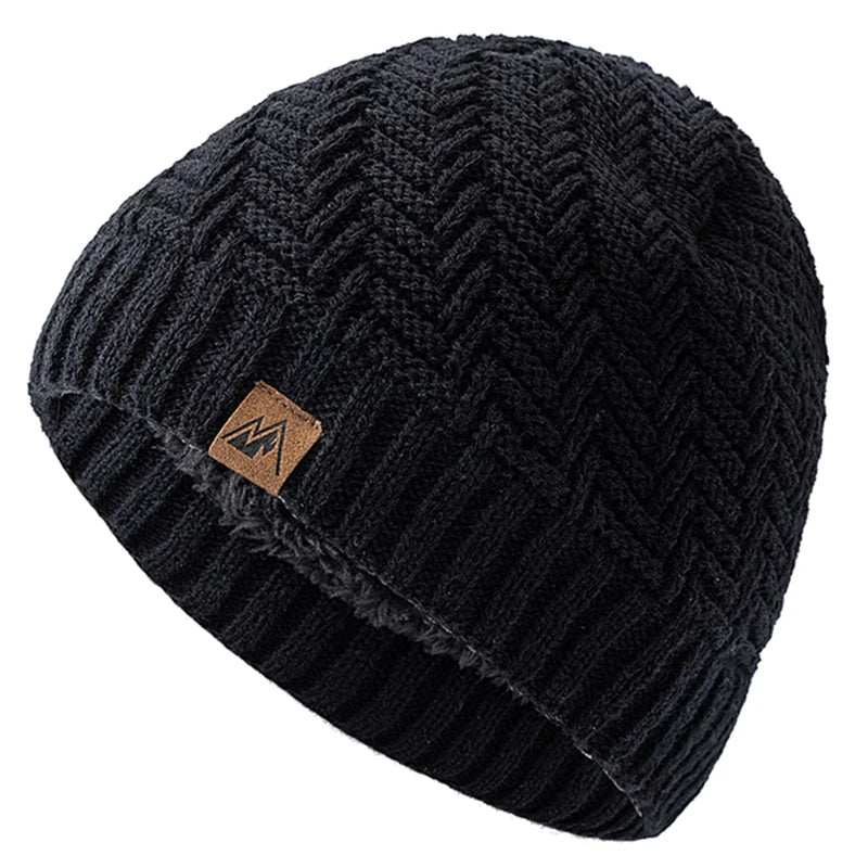Unisex Peak Labal Wintermützen, modische Strickmützen für Männer und Frauen, Beanie-Mütze, Outdoor-Plüschfell, gefüttert, warme Sportmützen