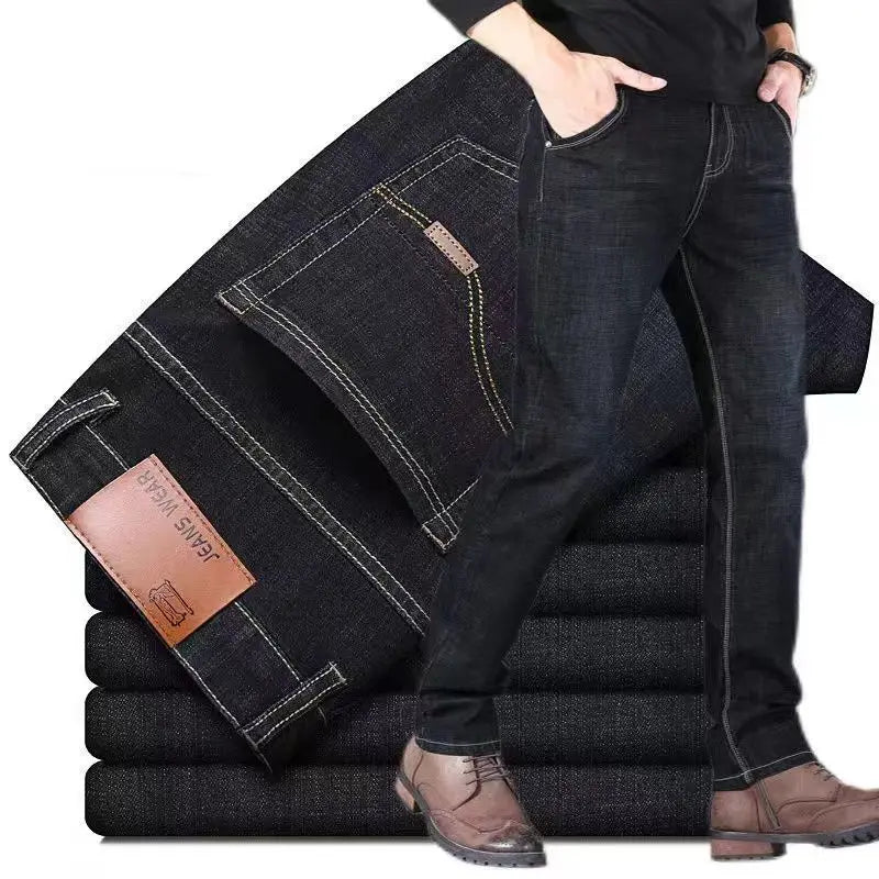 Men's Jeans, Casual Straight Leg Work Jeans, Elastic, Fashionable, Classic, Blue and Black, Men's Branded Clothing