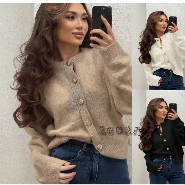Frauen Kleidung Langarm Pullover Taste Strickjacke Einfarbig Büro Pendeln Alle-spiel Lose Gestrickte Pullover Herbst Damen Kleidung