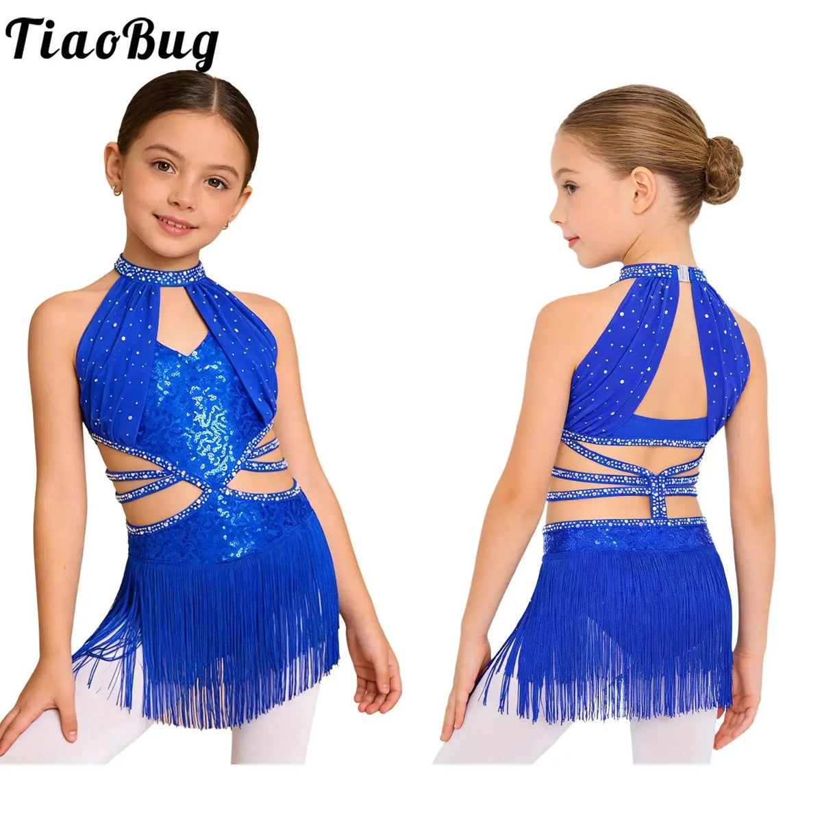 Glitzerndes Pailletten-Lateintanzkleid für Mädchen, Salsa, Jazz, Tango, ärmellos, gerüschtes Mesh-Overlay, Oberteil mit Quasten, Leotard-Kleid