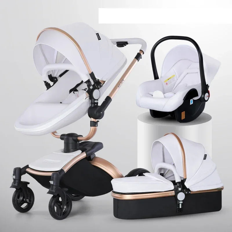 Kinderwagen 3in1 mit abnehmbarem Korb im Autositz. Hochformatige Eierschale aus PU-Leder, Babywagen, Luxuswagen für Babyautos