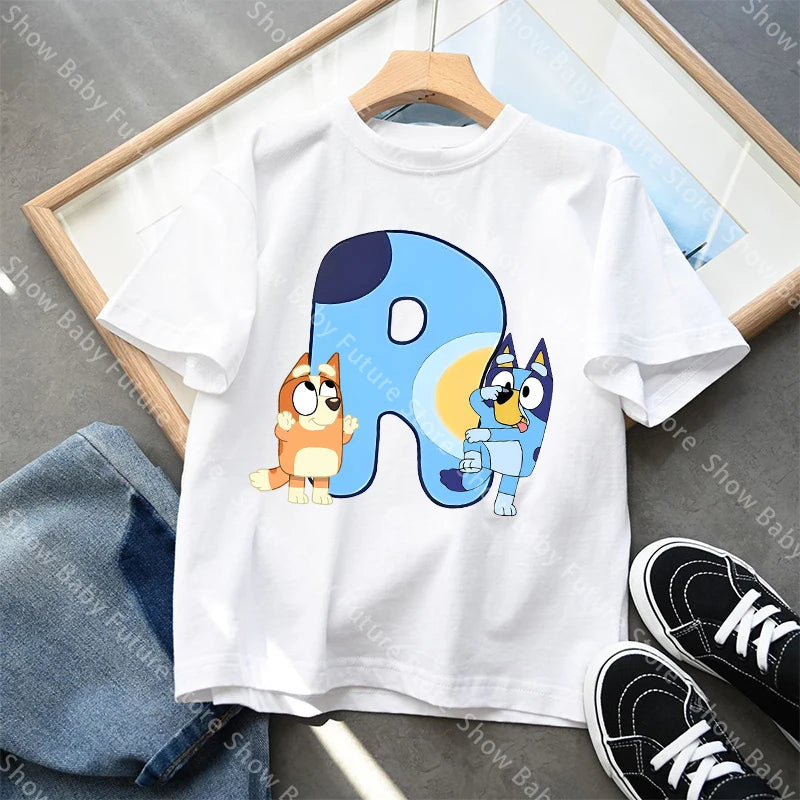 Blueys T-Shirt für Jungen und Mädchen, Cartoon-Buchstaben A-Z, Namenskleidung, Oberteile, Sommer, atmungsaktiv, niedliches Anime-Kurzarmshirt, neue Geburtstagsgeschenke