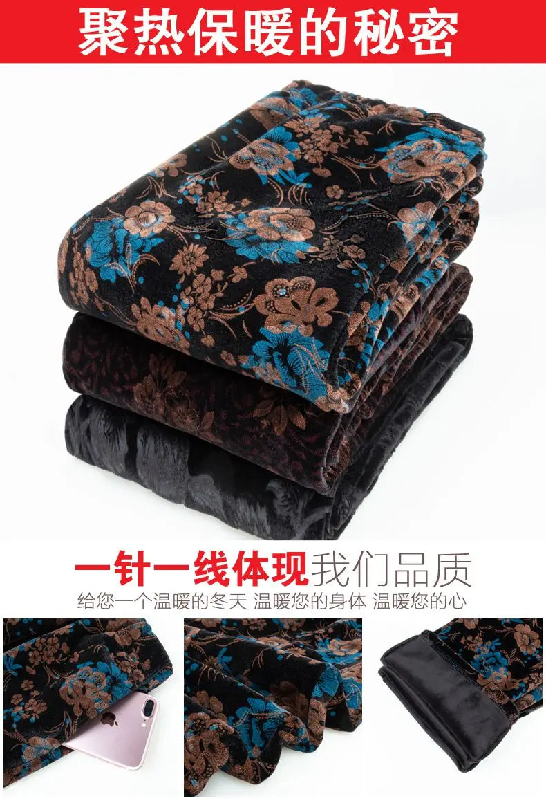 Herbst-Winter-Samthose mit Blumenmuster für Ältere Frauen, Lose Warme Verdickte Freizeithose für Oma und Mutter
