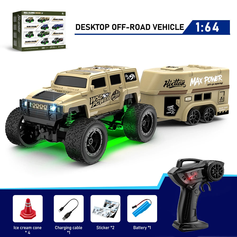 1:64 ferngesteuertes Geländewagen, 2,4 G Mini-Desktop-Fernbedienung, Spielzeugauto mit Abschleppkasten, Weihnachtsgeschenk für Kinder