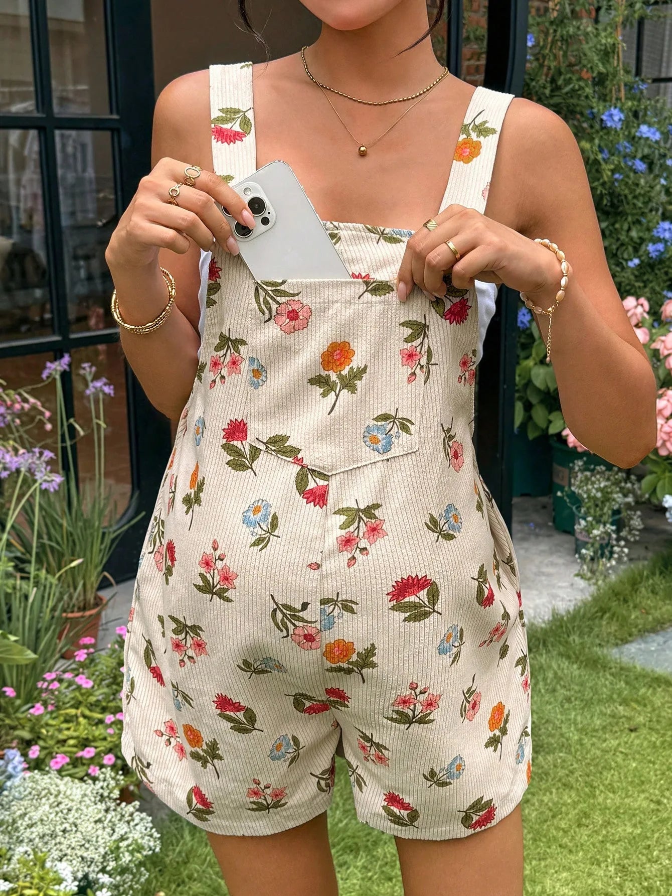 Umstands-Overalls für schwangere Frauen, Herz-Blumendruck, verstellbare Taille, Shortalls, Strampler, Frühling, Sommer, lässige Schwangerschaftskleidung