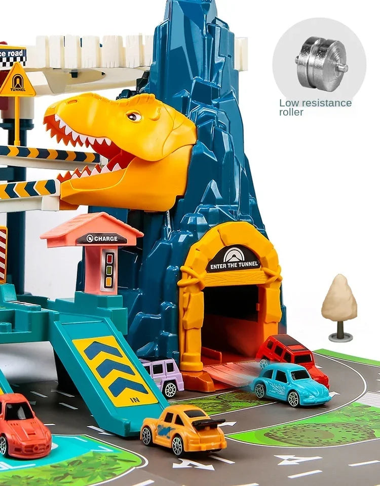 Elektrische Schienenauto Dinosaurier Gebäude Parkplatz Abenteuer Racing Schienenauto Spielzeug Kinder Gehirn Mechanische Interaktive Schienenautos