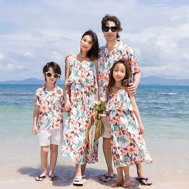 Family Look Vacation Beachwear Mother Daughter Sleeveless Dress Dad Son Matching Floral Shirt Set Parent-Child Holiday Outfits