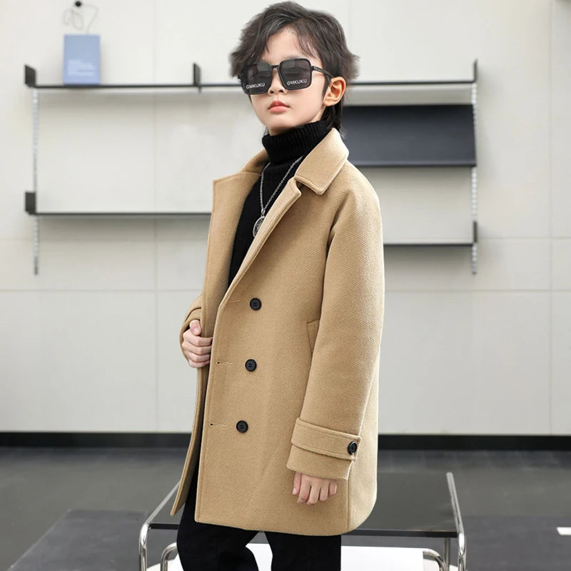Teen Jungen Wolljacke Herbst Winter Neue Lange Stil Einfarbig Dicke Warme Revers Trenchcoat Für 3-10Y Kinder Hübsche Oberbekleidung