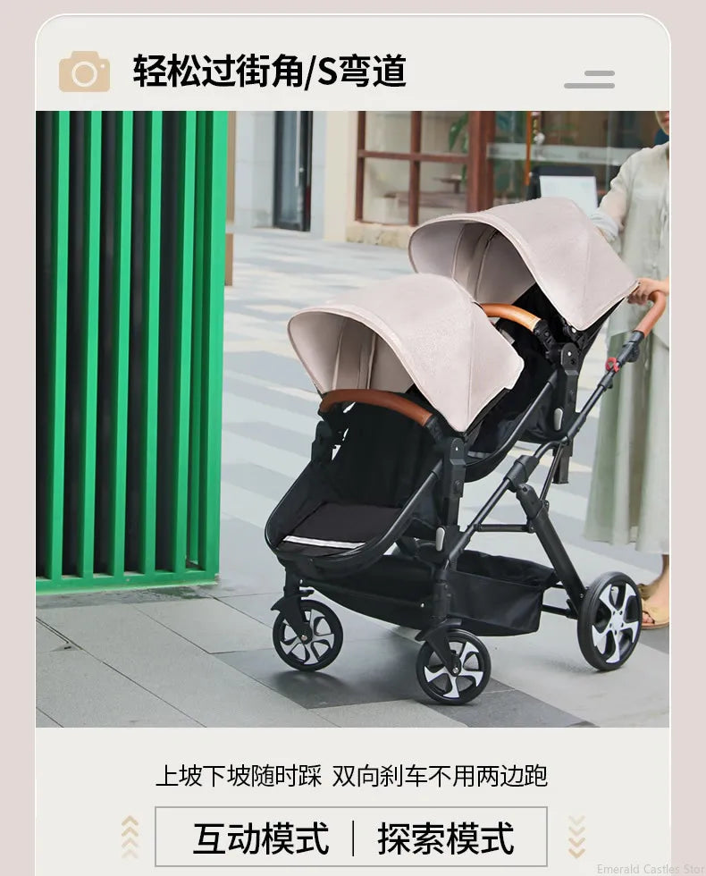 3-in-1-Zwillings-Kinderwagen mit Autositz für zwei Kinder, faltbar, stoßdämpfender Kinderwagen mit hoher Landschaft