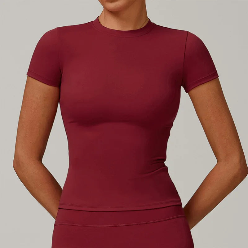 Damen-Sport-T-Shirt, Sommer, kurzärmelig, Laufen, Rundhalsausschnitt, atmungsaktiv, dehnbar, Fitnessstudio, Yoga, schlank, Fitness, aktives Top-T-Shirt