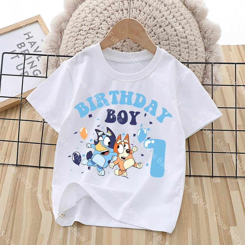 Cartoon Blueys Es ist mein Geburtstag Nummer 1-9 T-Shirt für Jungen Mädchen Sommer Kawaii Baumwollkleidung Oberteile Anime Kurzarm Süßes Geschenk