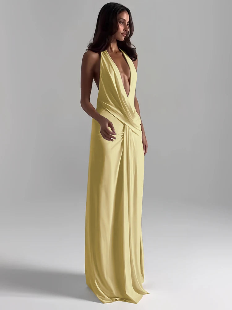 Sisterlinda Sexy High Splits Langes Kleid Frauen Halter Tiefem V-ausschnitt Backless Ärmellose Sommer Pool Party Geraffte Elegante Vestidos