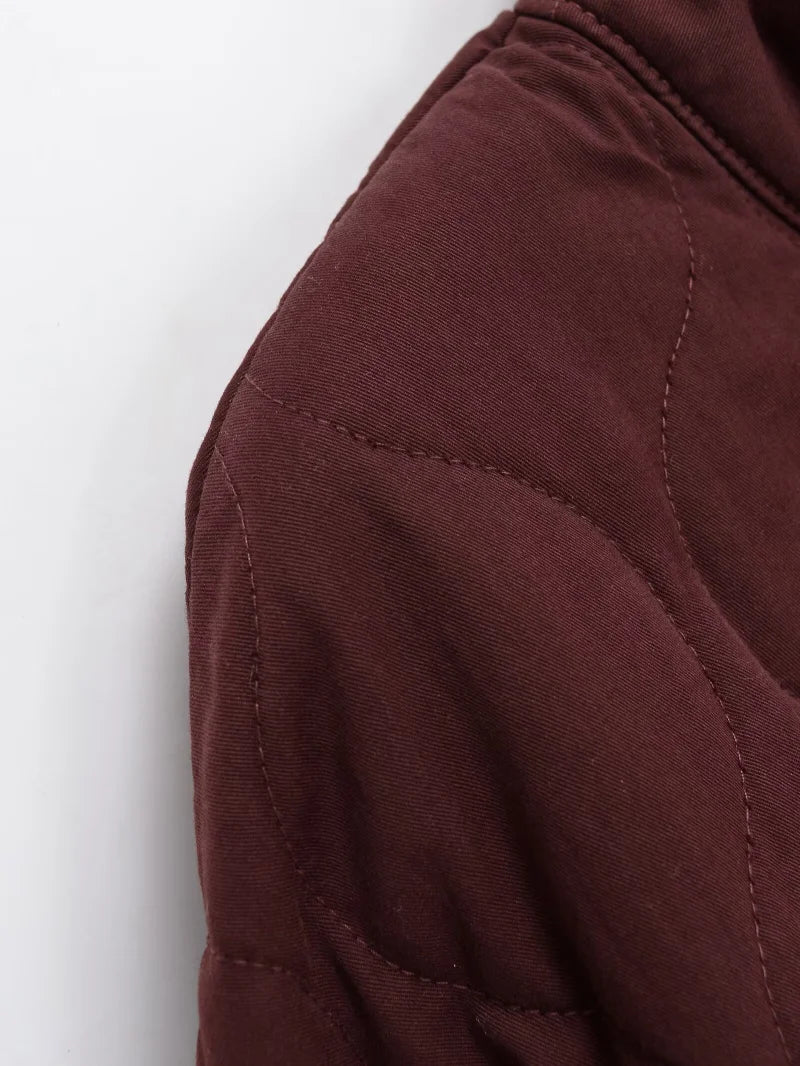Damen Polyester Gefütterte Jacke 2026 Neuerscheinung Vintage Lenzing Rayon Hochkragen Große Tasche Dekorativer Gesteppter Mantel für Frauen
