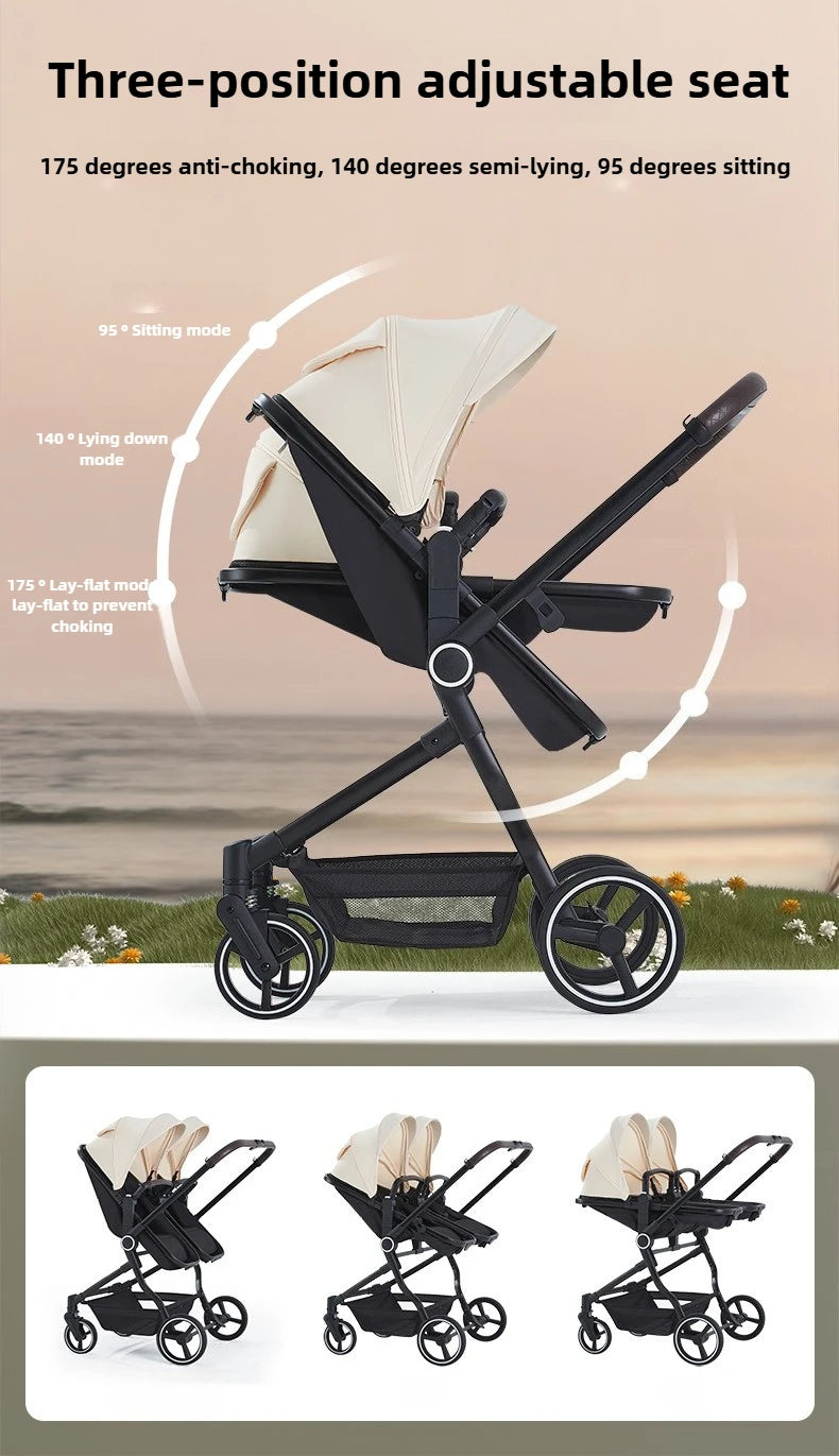 Integrierter Hochansicht-Kinderwagen für zwei Babys, kann sitzen oder liegen, ultraleichter, tragbarer, faltbarer Outdoor-Reisewagen