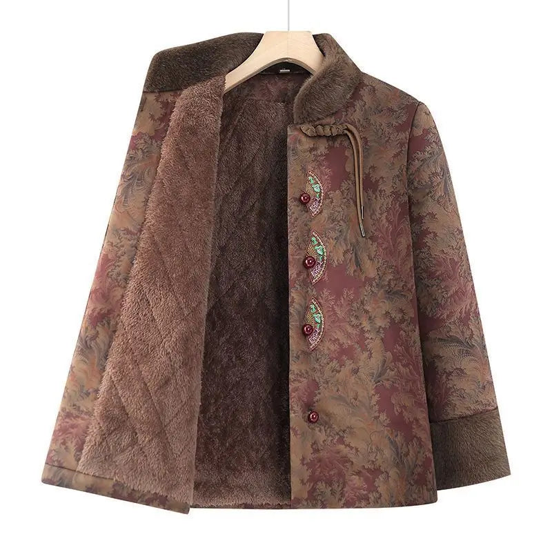 Damenmantel im chinesischen Stil mit Blumenmuster, gefüttert mit Fleece, aus Baumwolle, dicker Wintermantel, Tang-Anzugjacke für ältere Damen, Mütter und Großmütter.