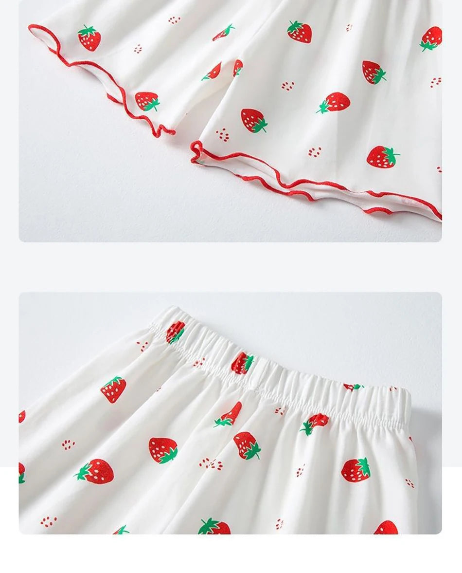 Erdbeer-Pyjama-Set für Babymädchen, Sommer, kurzärmelig, dünn, zweiteilig, Kleinkinder-Schlafanzug, Baby-Heimkleidung