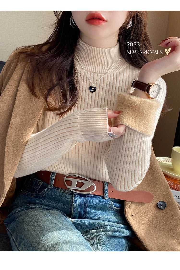 Damen Rollkragenpullover Winter 2026 Retro mit Samtfutter Verdicktes Thermounterhemd Strickpullover